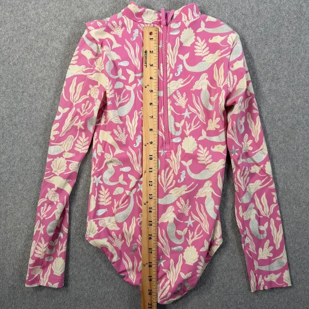 Boden Girls 9-10Y Pink Mermaid Dolphin Print Long Sleeve Ruffle Swimsuit Zipper